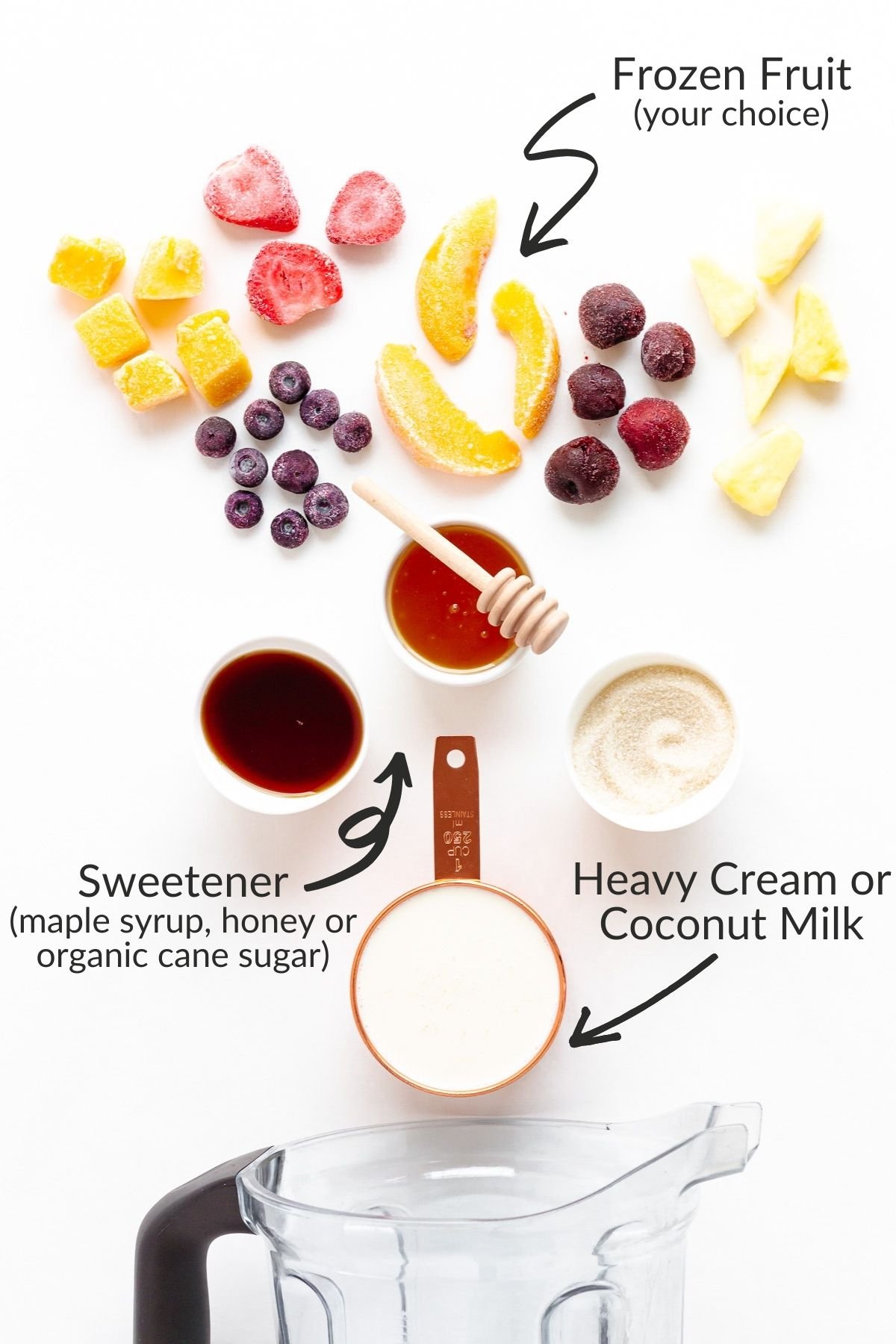 Labelled photo of ingredients needed for easy blender ice cream.