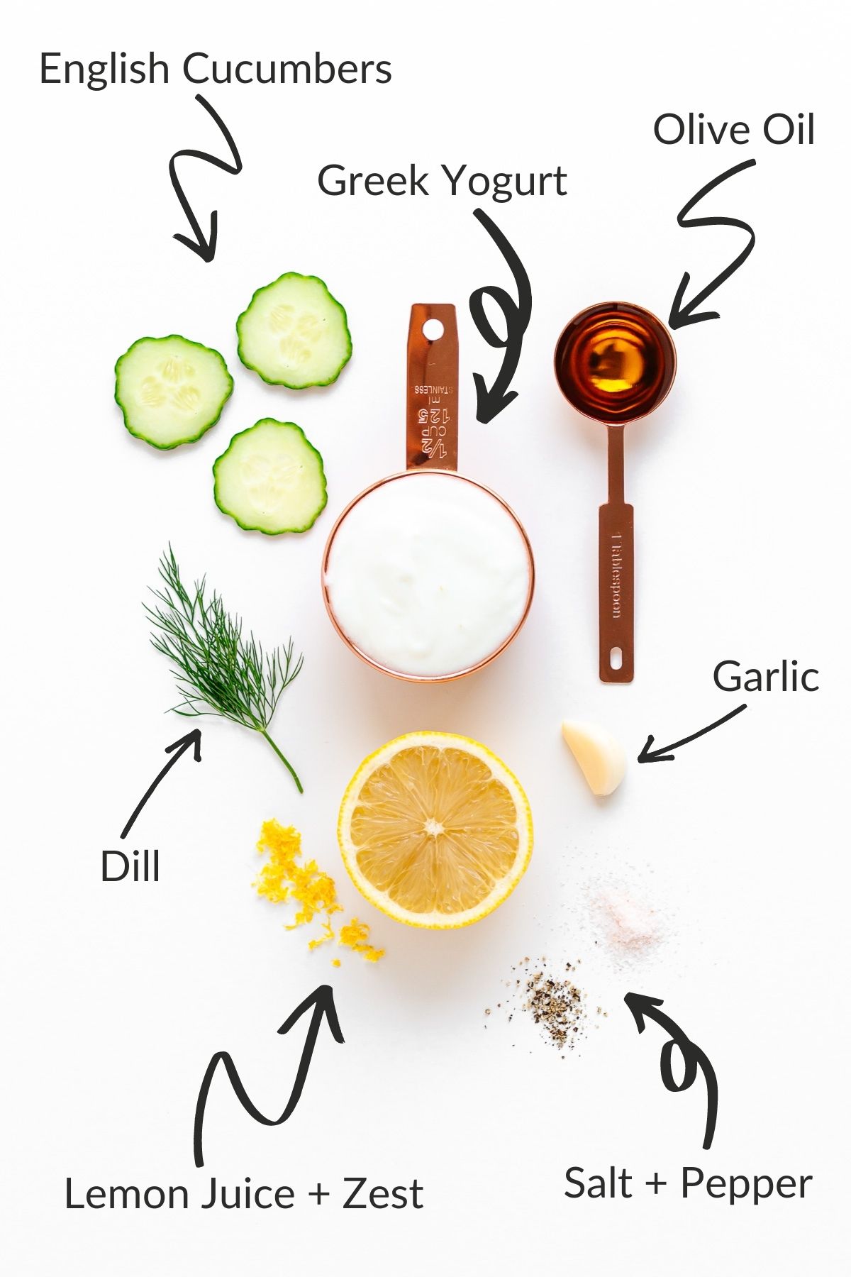 Labelled image showing ingredients needed to make cucumber yogurt salad.