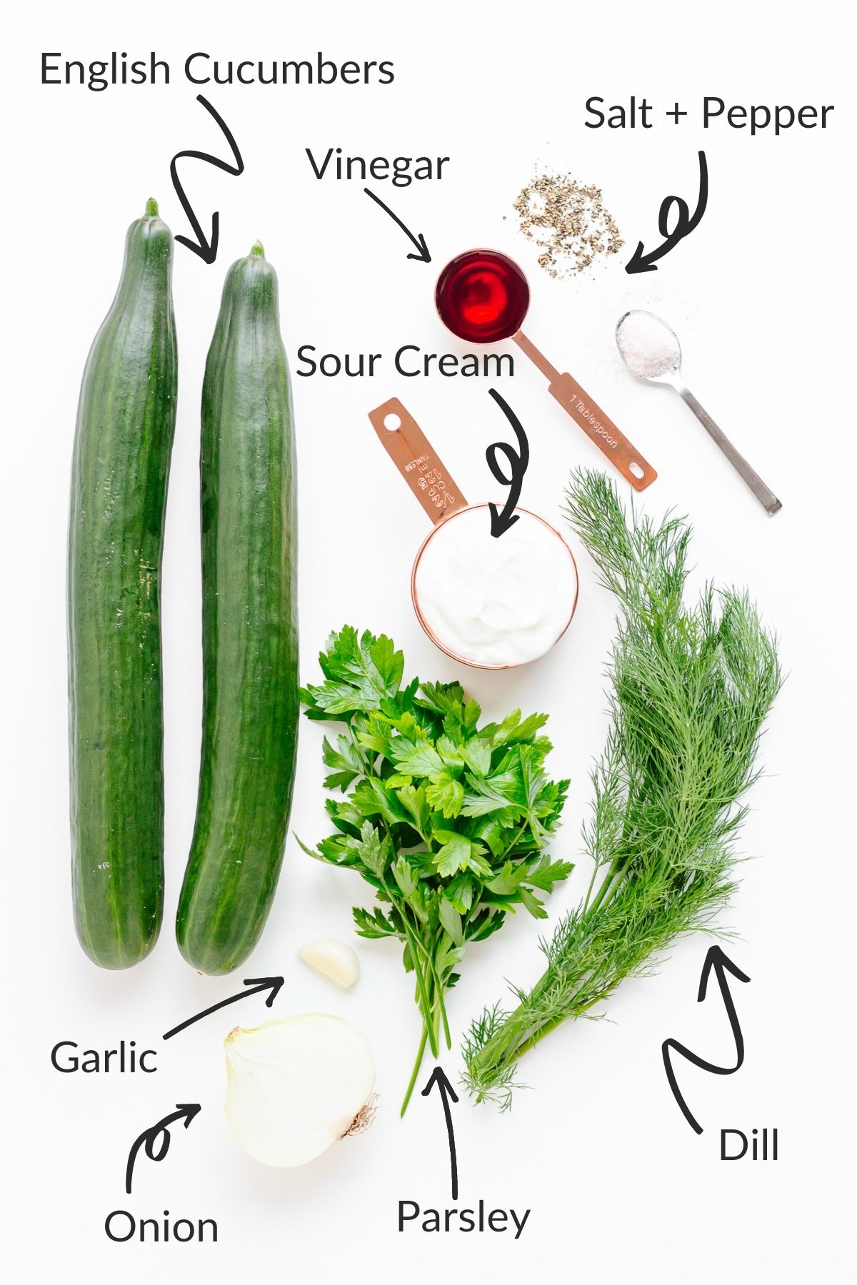 Labelled photo of ingredients needed to make German cucumber salad (Gurkensalat).