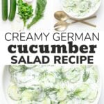 Collage of cucumber salad photos with text overlay "Creamy German Cucumber Salad Recipe".