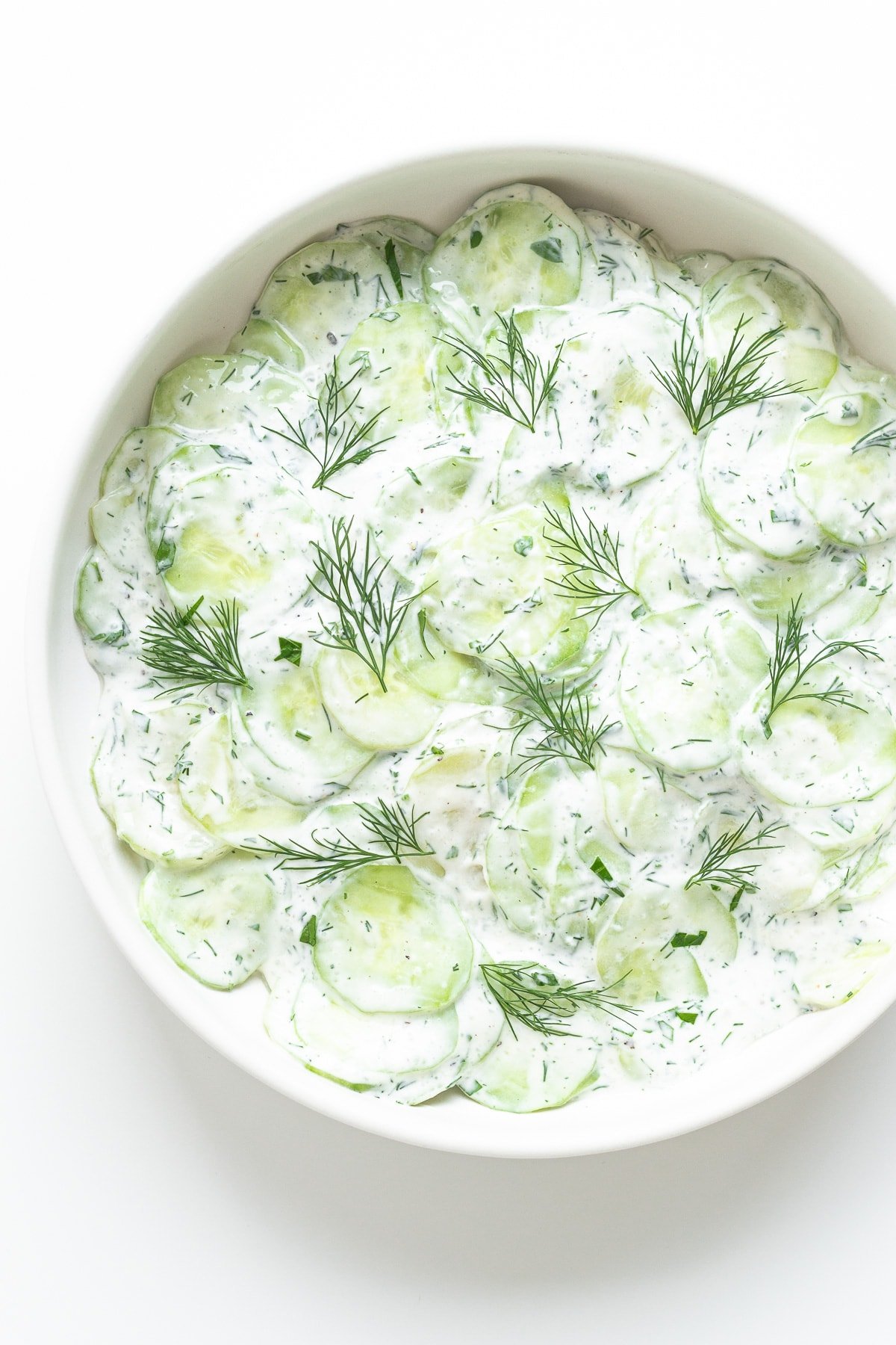 Overhead photo of creamy German cucumber salad in a white bowl.