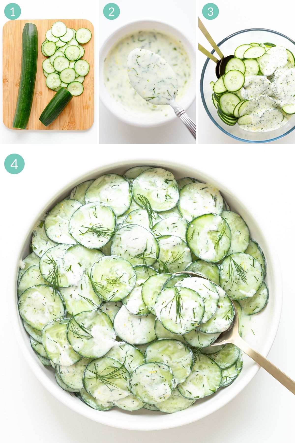 Numbered collage showing how to make cucumber yogurt salad step by step.