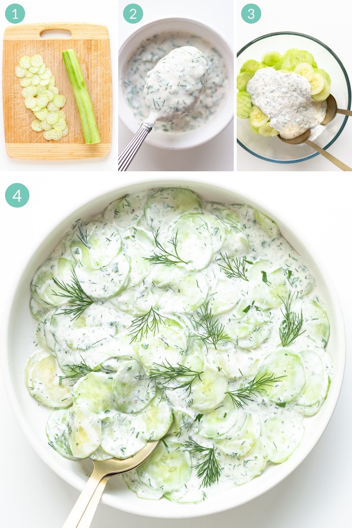 Numbered collage showing step by step how to make Gurkensalat (German Cucumber Salad).