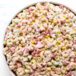 Serving bowl of chicken macaroni salad.