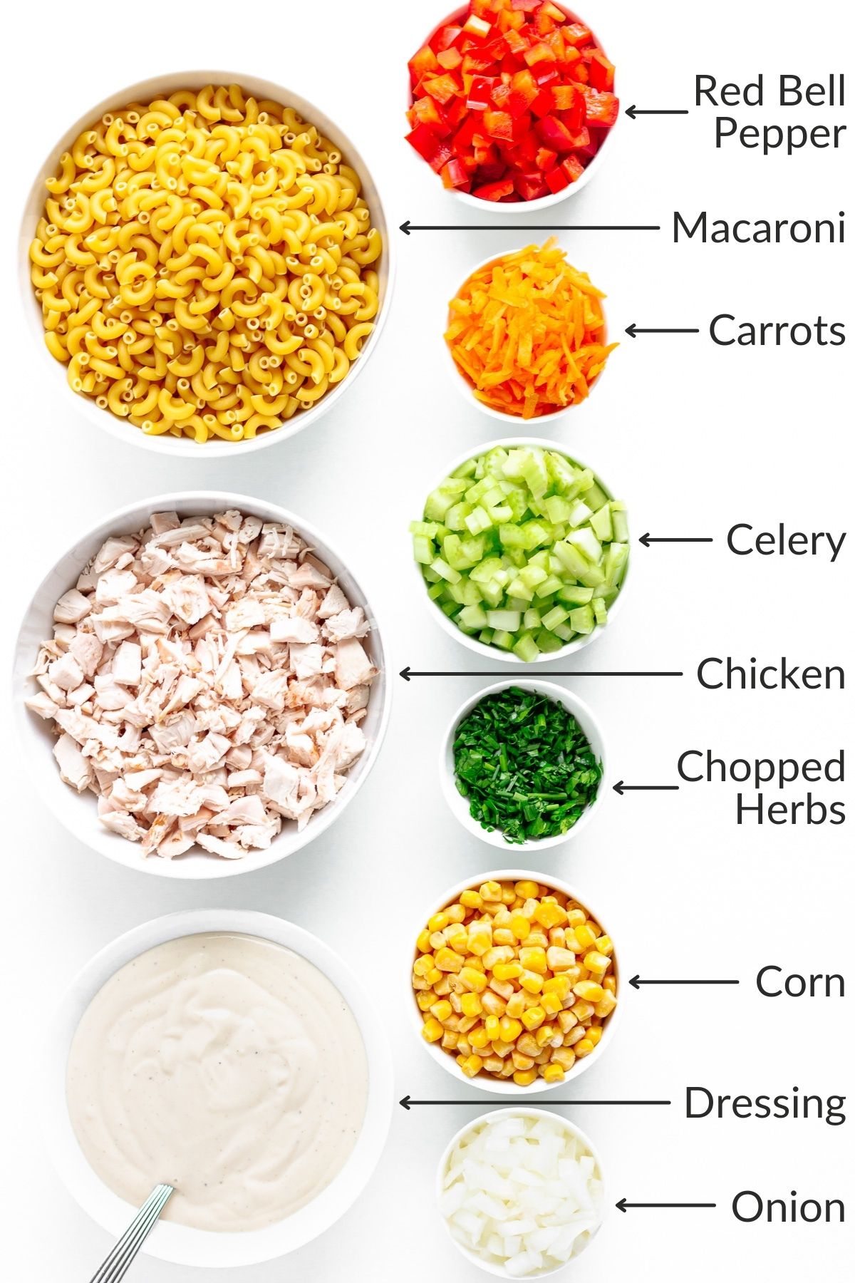 Labelled image showing ingredients for chicken macaroni salad.