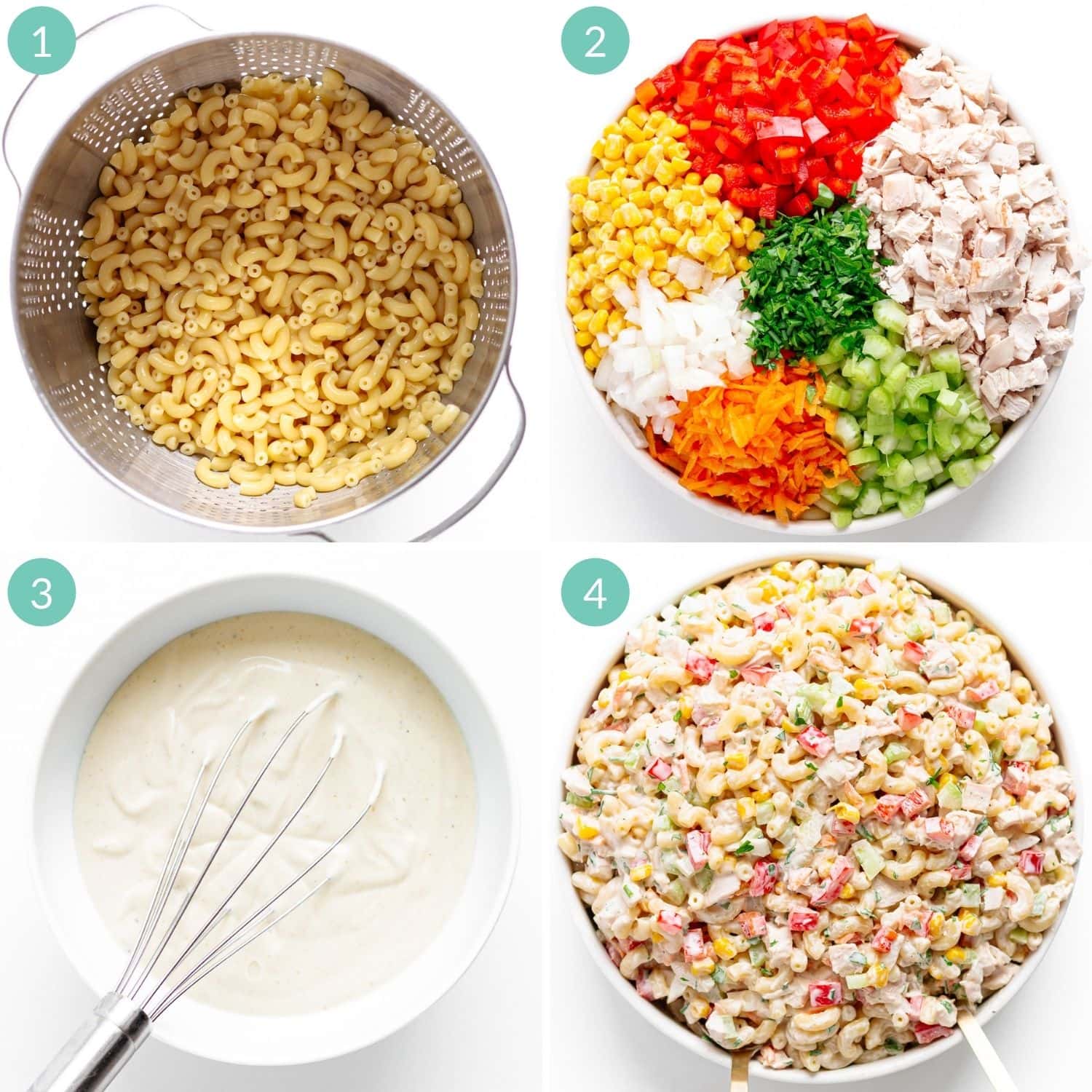 Photo collage showing step by step how to make chicken macaroni salad.