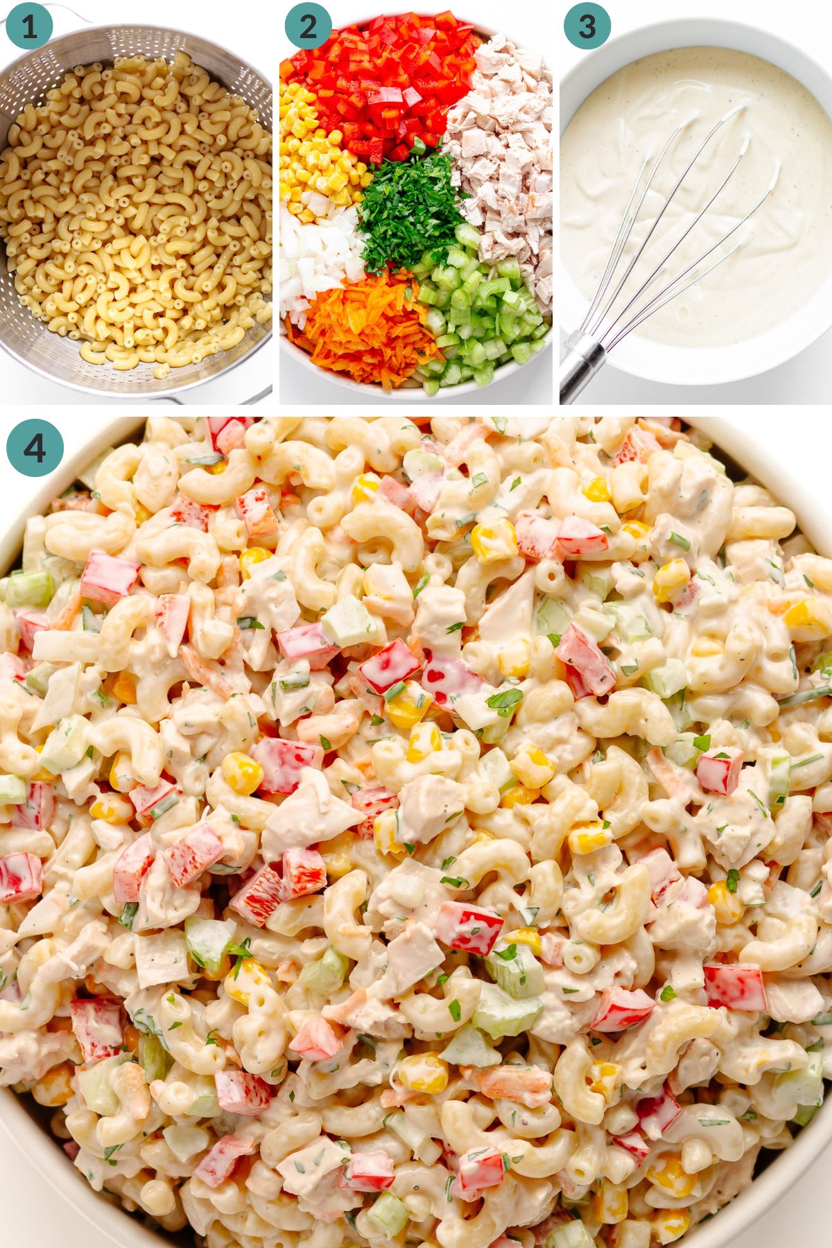 Numbered photo collage showing how to make chicken macaroni salad.