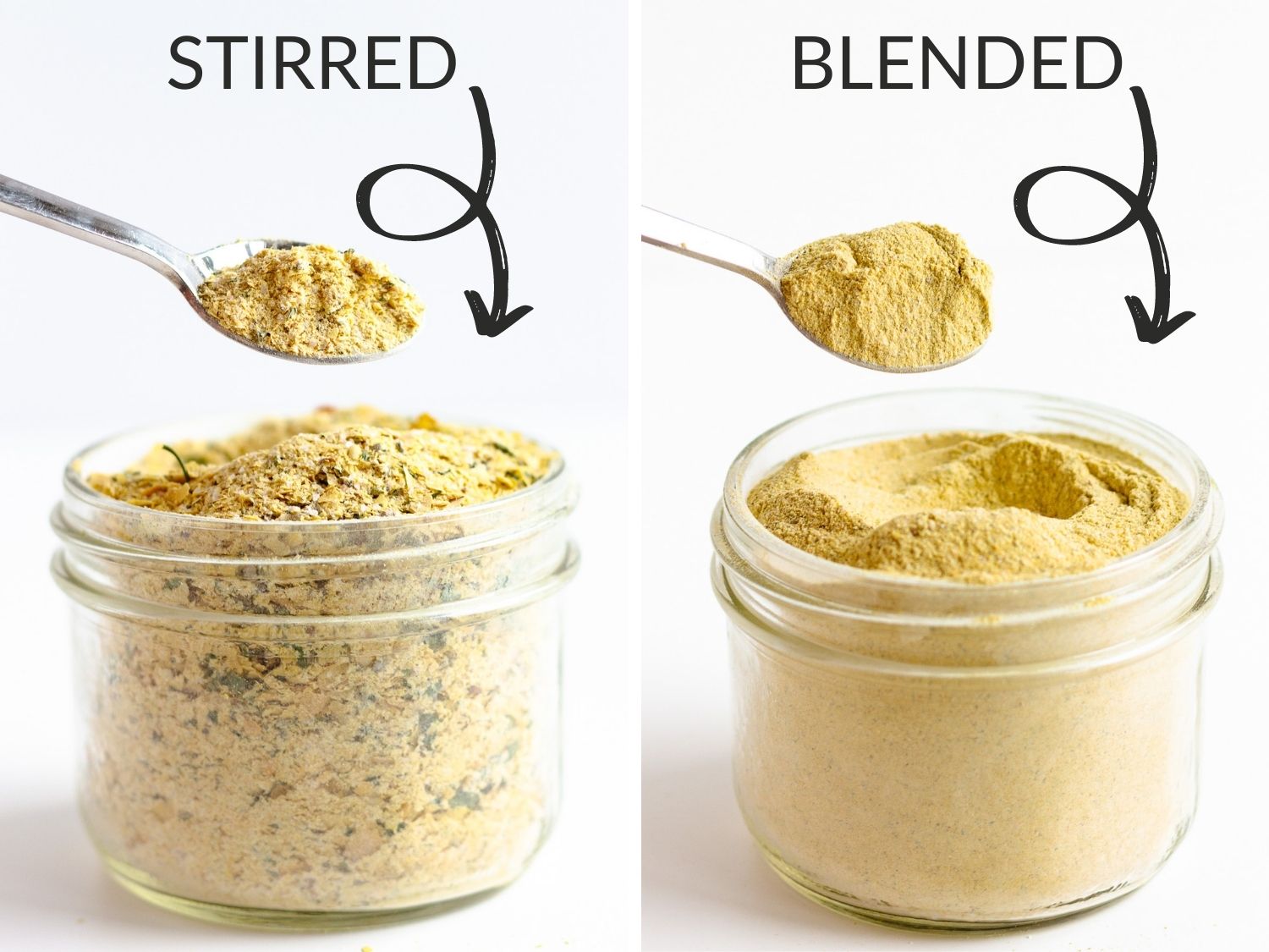 Graphic showing difference in texture between the stirred and blended version of bouillon powder recipe.