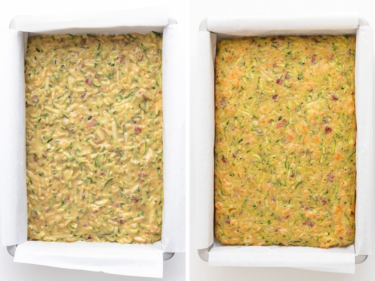 Collage of zucchini slice in baking pan before and after baking.