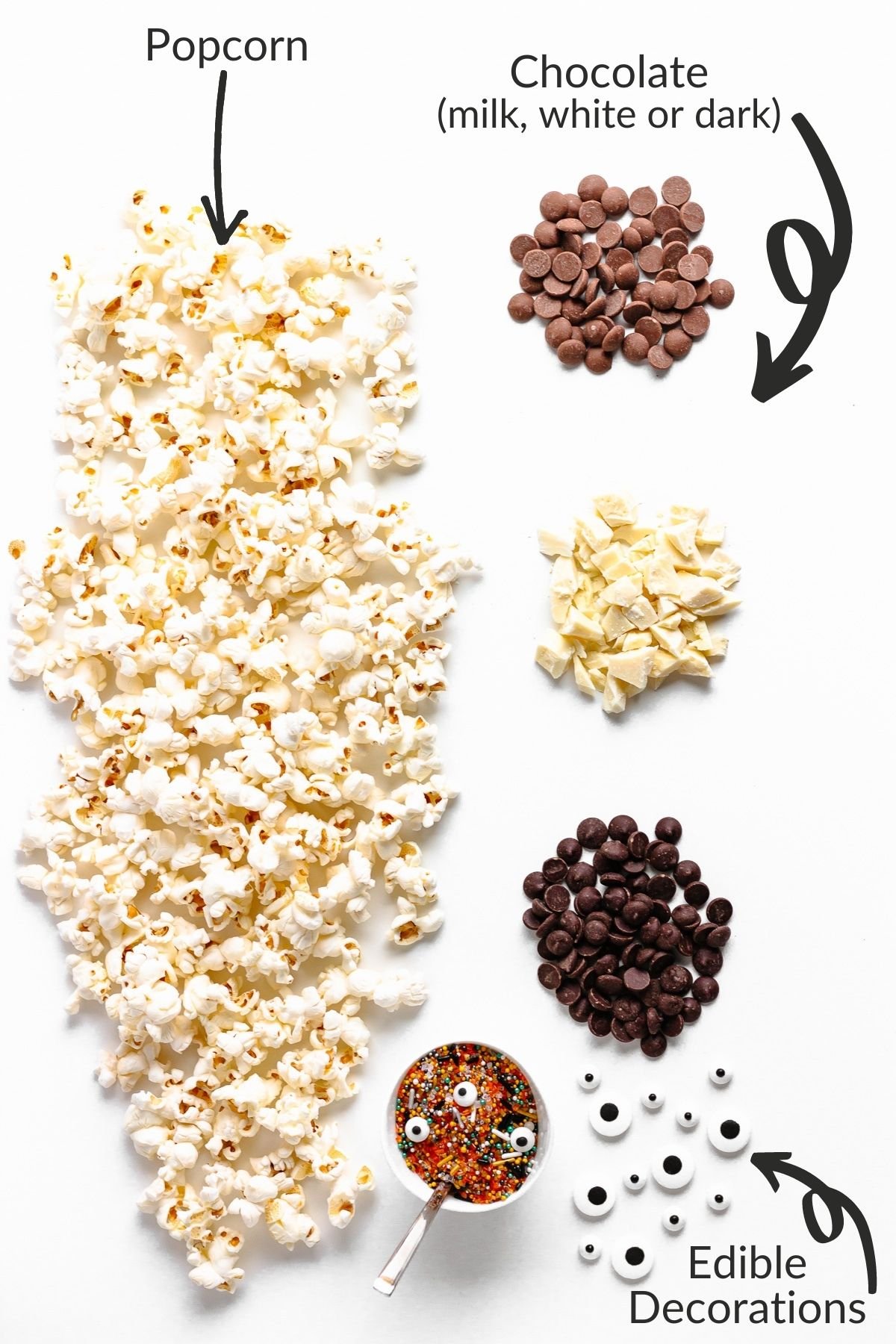 Labelled image of ingredients needed to make chocolate Halloween popcorn balls.