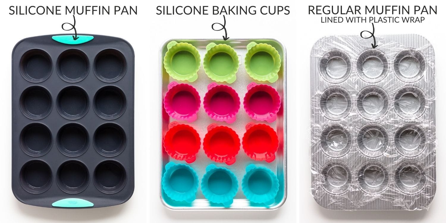 Labelled image of different types of muffin pans to use for chocolate popcorn balls.