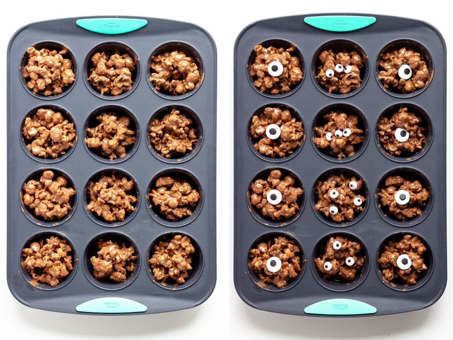 Photo collage showing chocolate popcorn distributed into a silicone muffin pan and then candy eyeballs placed on top.