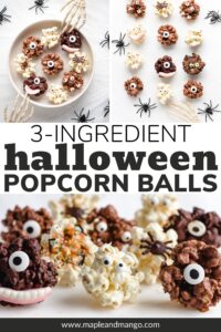 Collage graphic for chocolate Halloween popcorn balls.