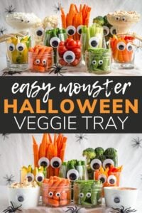 Pinterest photo collage graphic with text overlay "Easy Monster Halloween Veggie Tray".