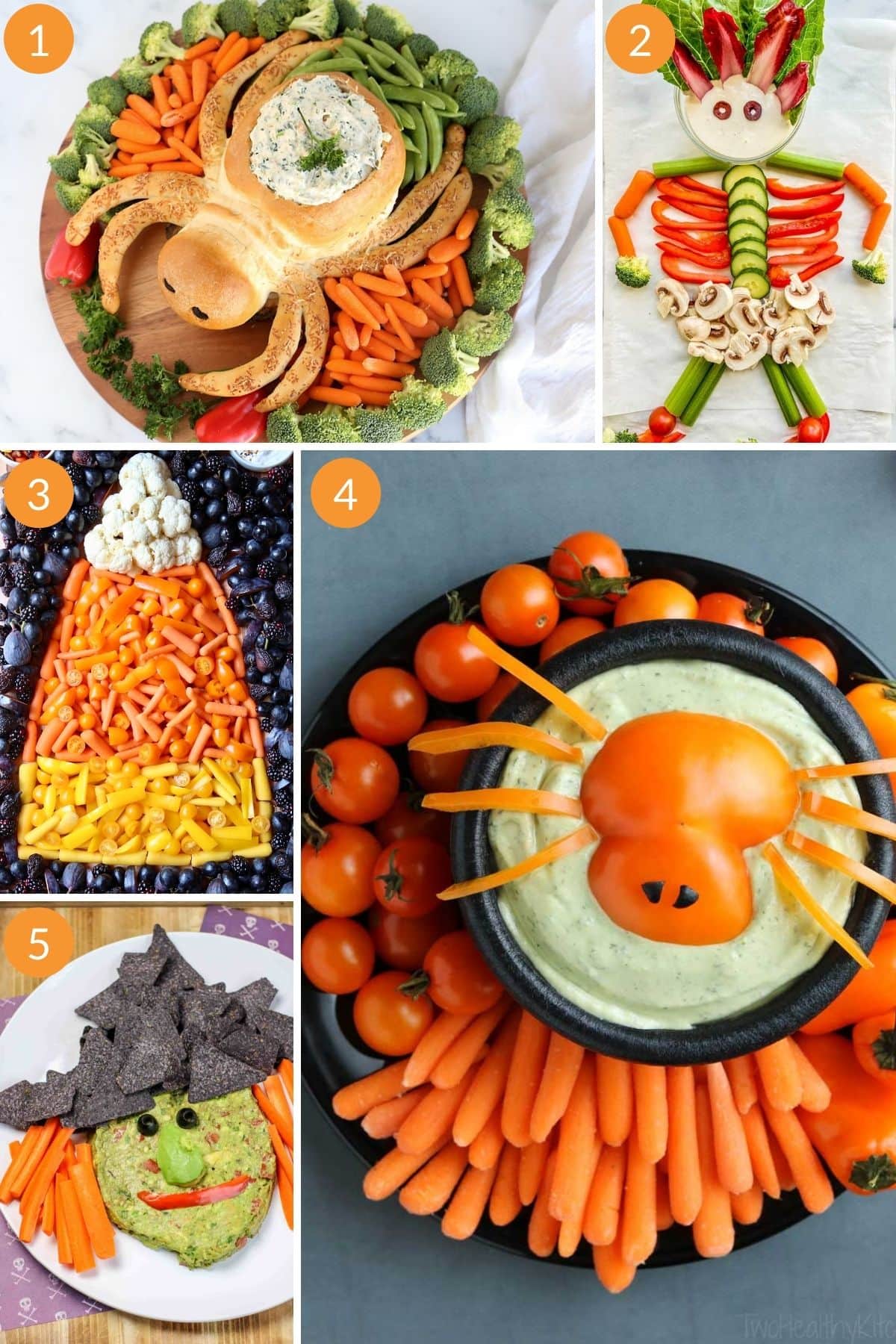 Photo collage of Halloween themed veggie trays.