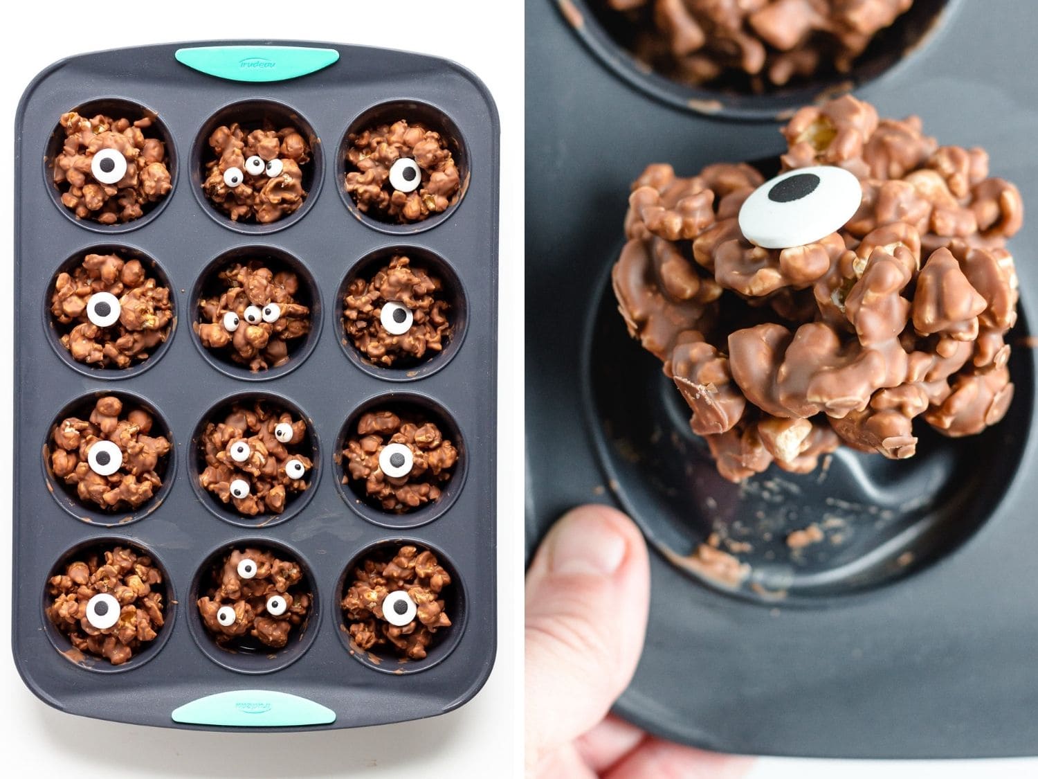 Photo collage showing set Chocolate Halloween Popcorn Balls in a silicone muffin pan and then one being popped out.