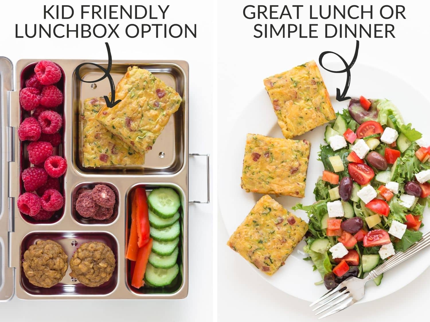 Graphic showing two ways to serve zucchini slice: in a lunchbox and next to a salad on a white plate.