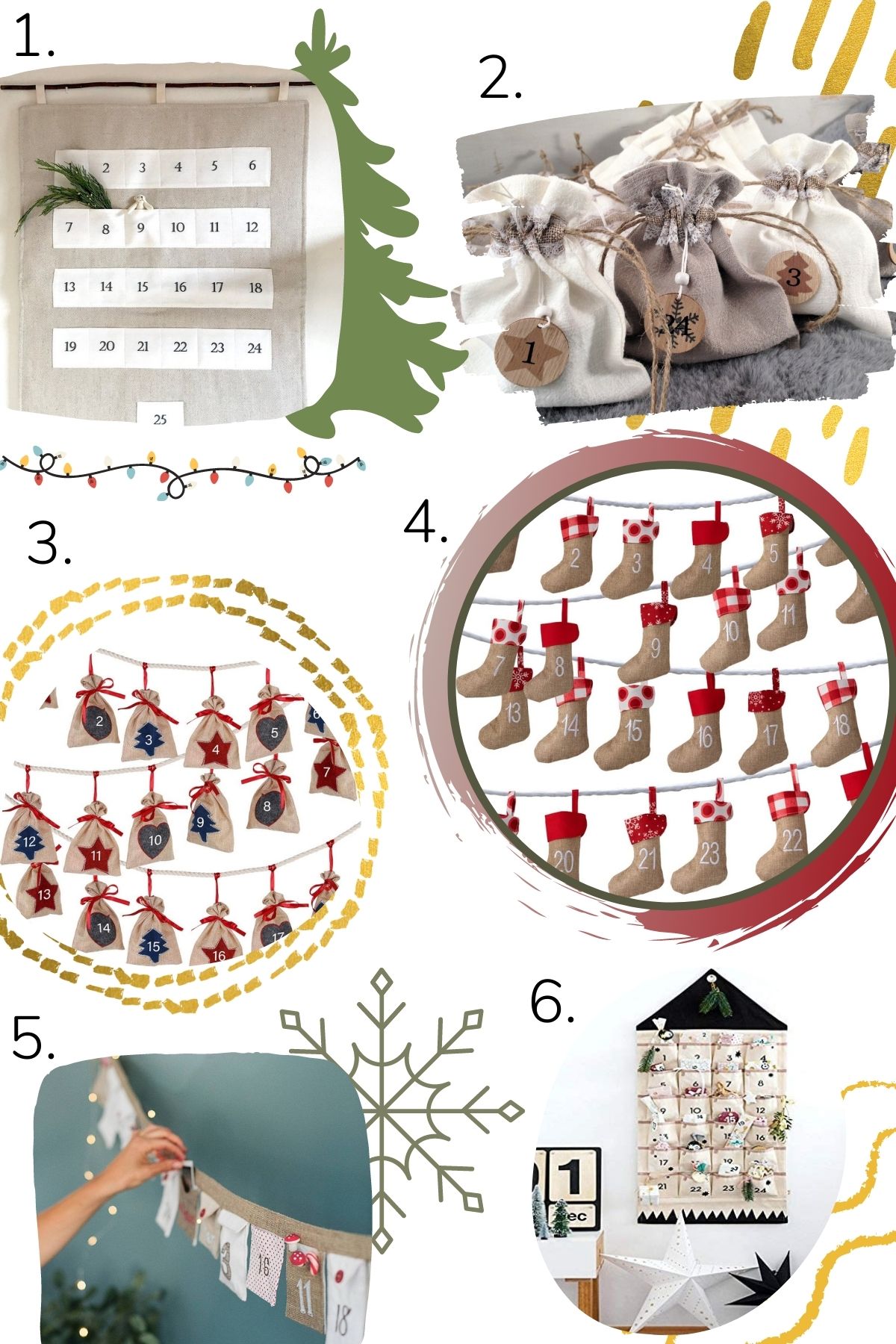 Photo collage graphic of six different fabric advent calendars.