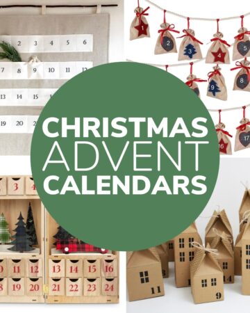 Photo collage of reusable, fill-your-own advent calendars with circular text overlay box that says "Christmas Advent Calendars".