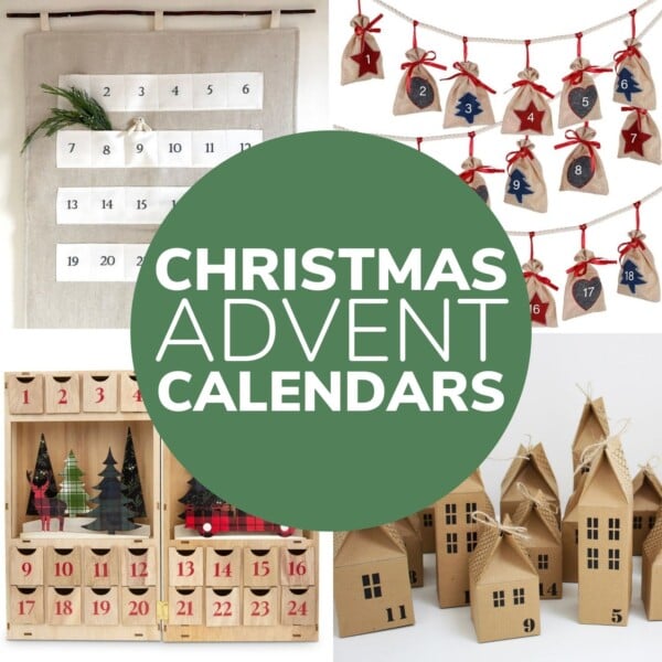 Photo collage of reusable, fill-your-own advent calendars with circular text overlay box that says "Christmas Advent Calendars".