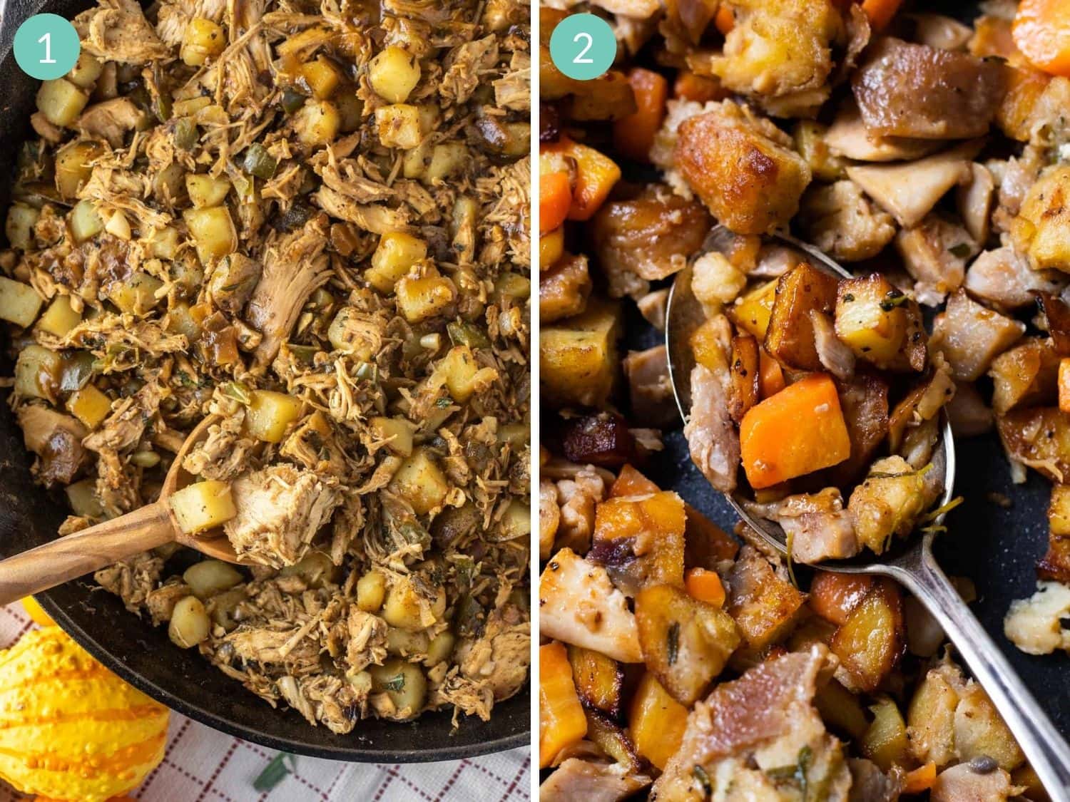 Photo collage of two leftover turkey hash recipes.