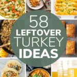 Pinterest graphic photo collage with text overlay "58 Leftover Turkey Ideas".
