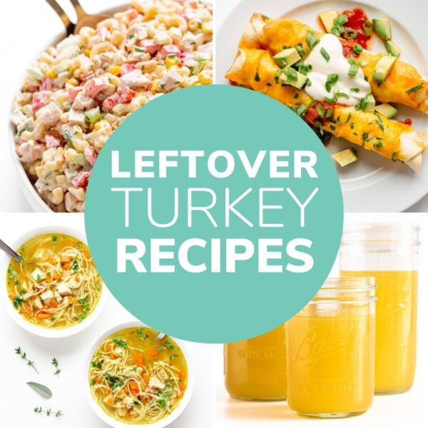 Photo collage of a few leftover turkey recipes.
