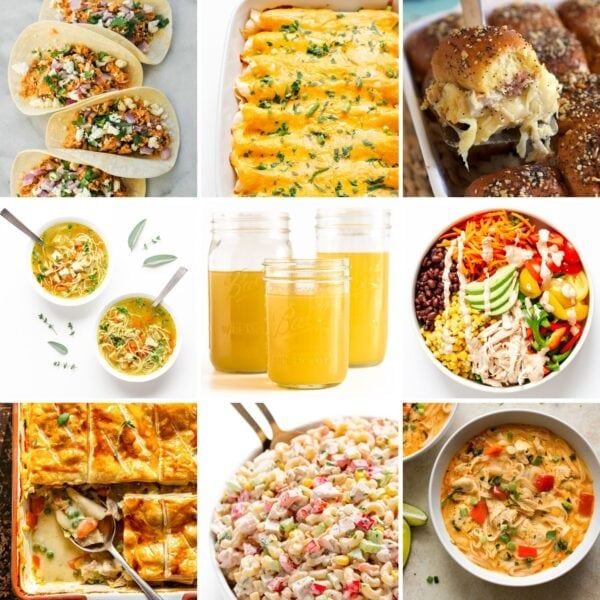 Photo collage of leftover turkey recipes.