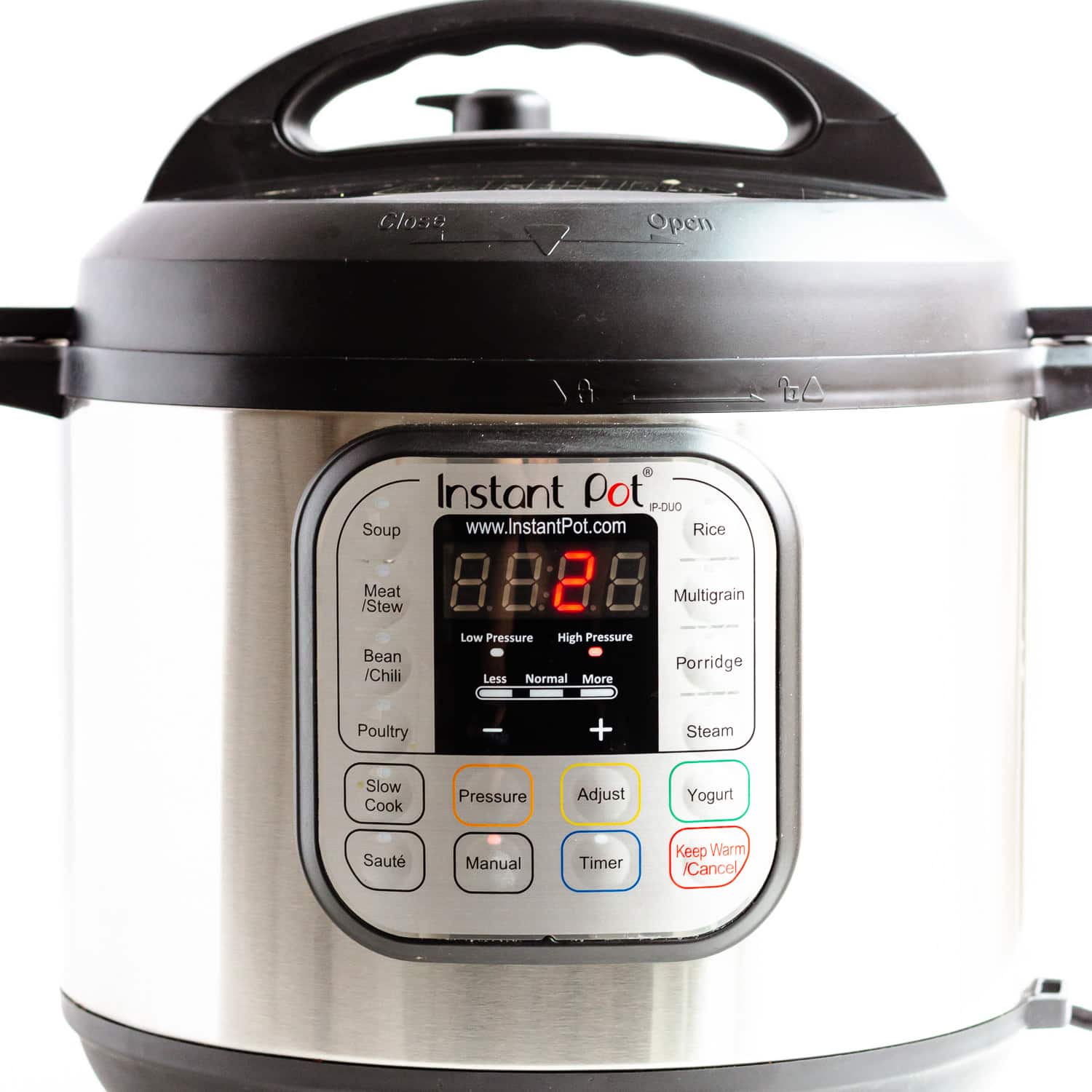 Instant Pot with 2 minutes set on the display.