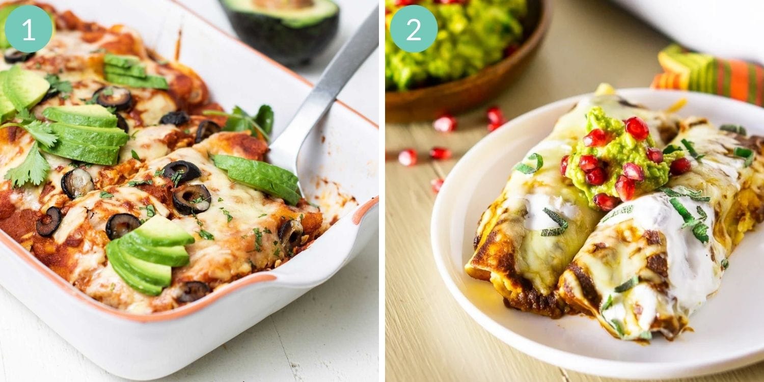 Photo collage of two different turkey enchilada recipes.