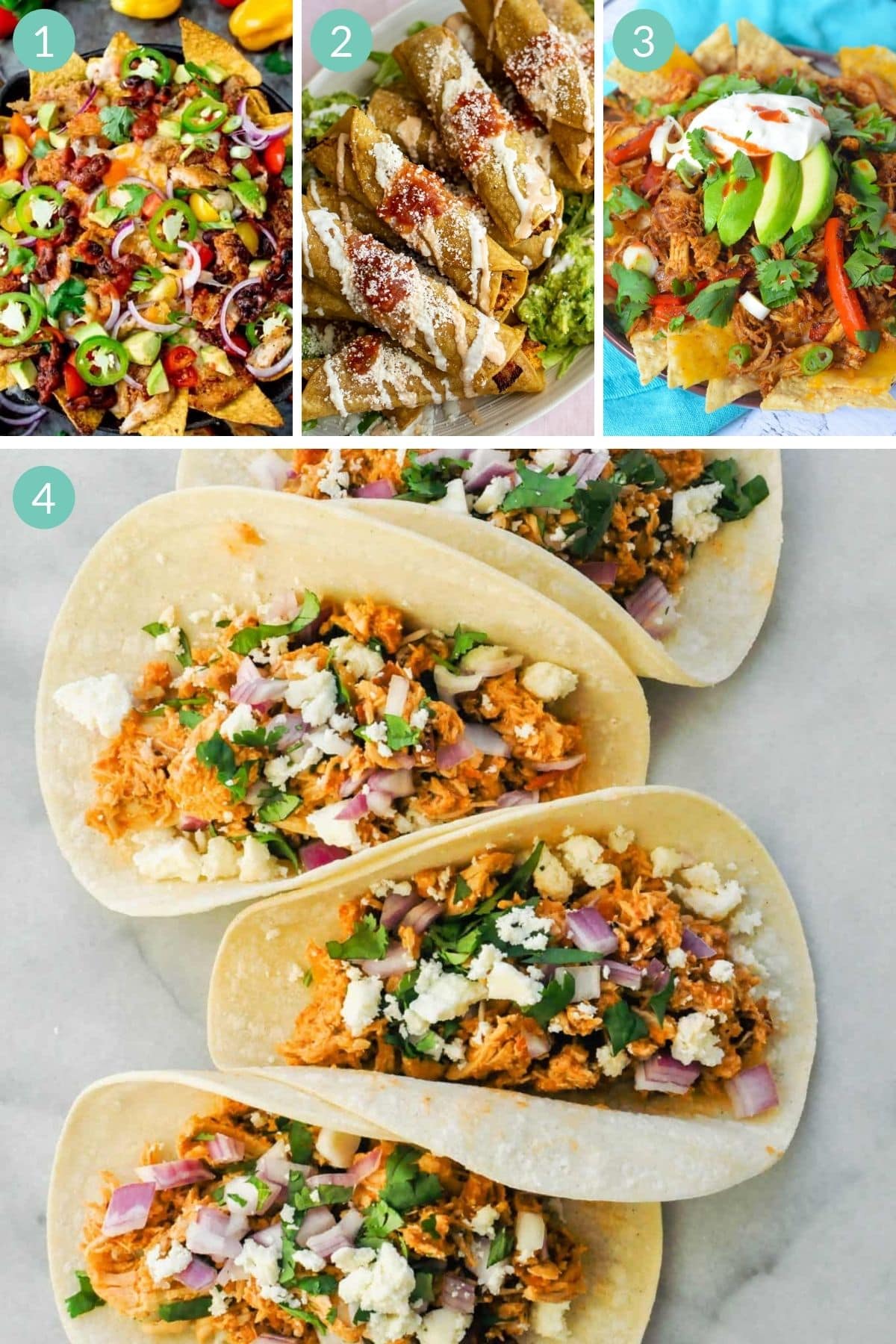 Numbered photo collage of nachos, tacos and taquitos that use leftover turkey.