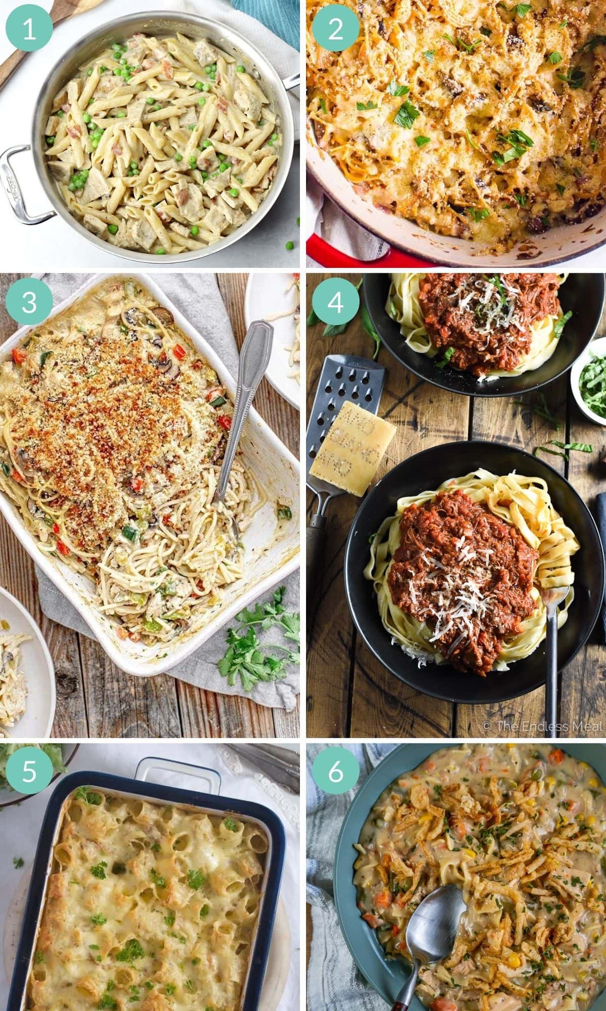Numbered photo collage of six pasta recipes featuring leftover turkey.