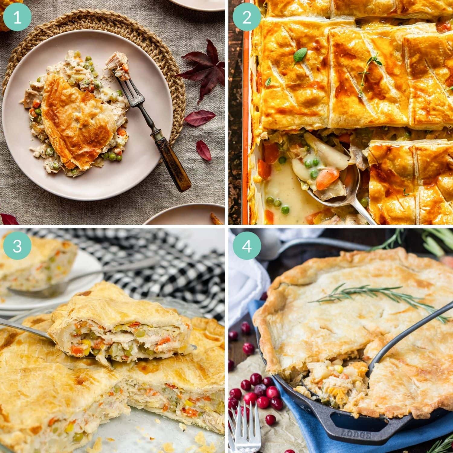 Numbered photo collage of four turkey pot pie recipes.