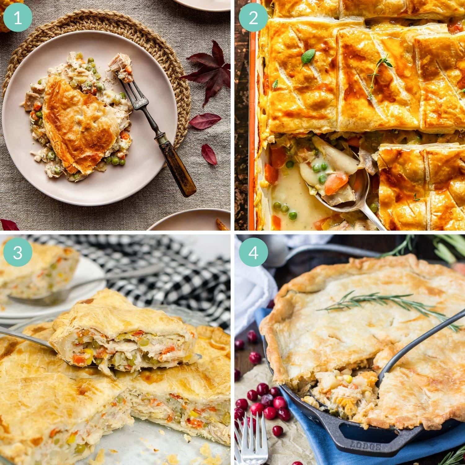 Numbered photo collage of four turkey pot pie recipes.