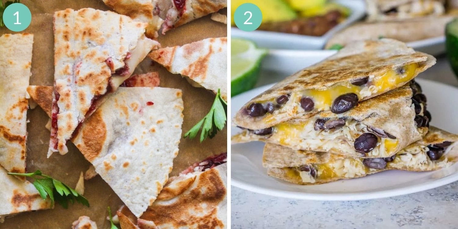 Photo collage showing two types of turkey quesadillas.
