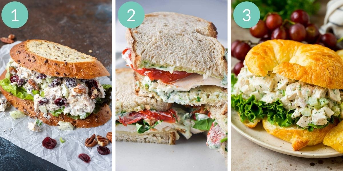 Numbered photo collage of three different turkey sandwiches.