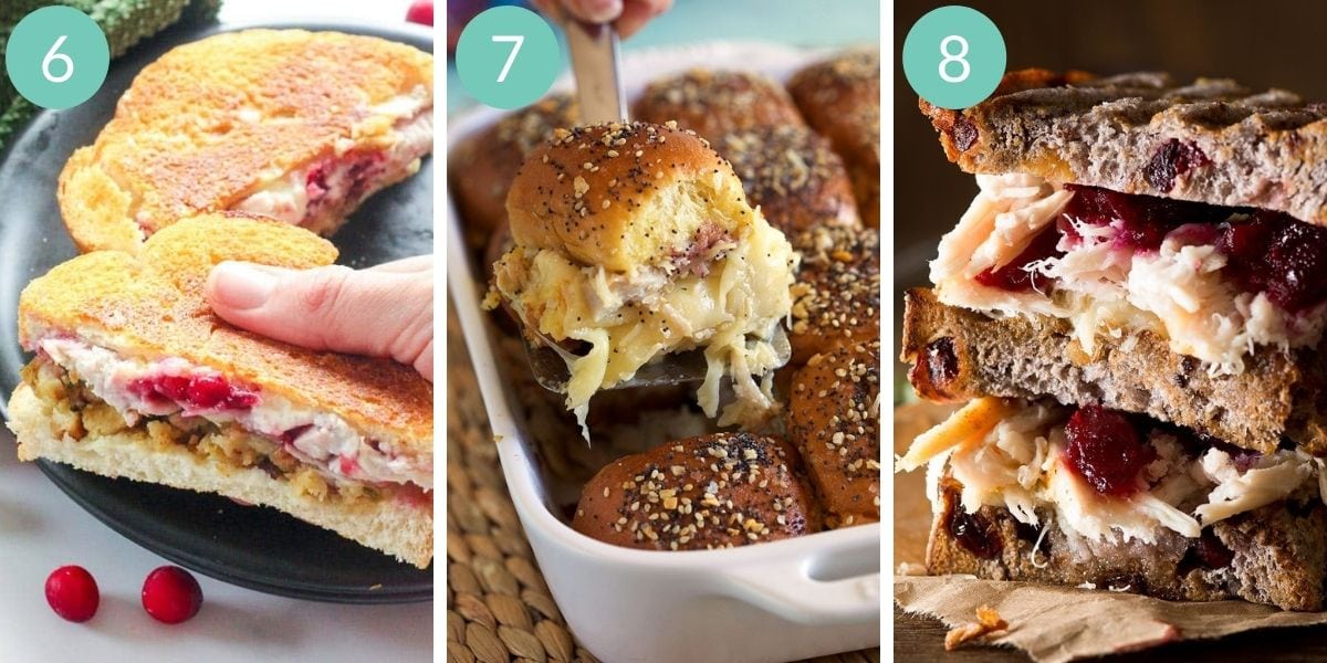 Numbered photo collage of three sandwiches using leftover turkey.