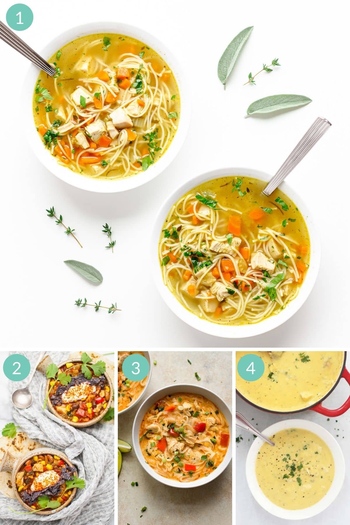 Numbered photo collage of four different turkey soup recipes.