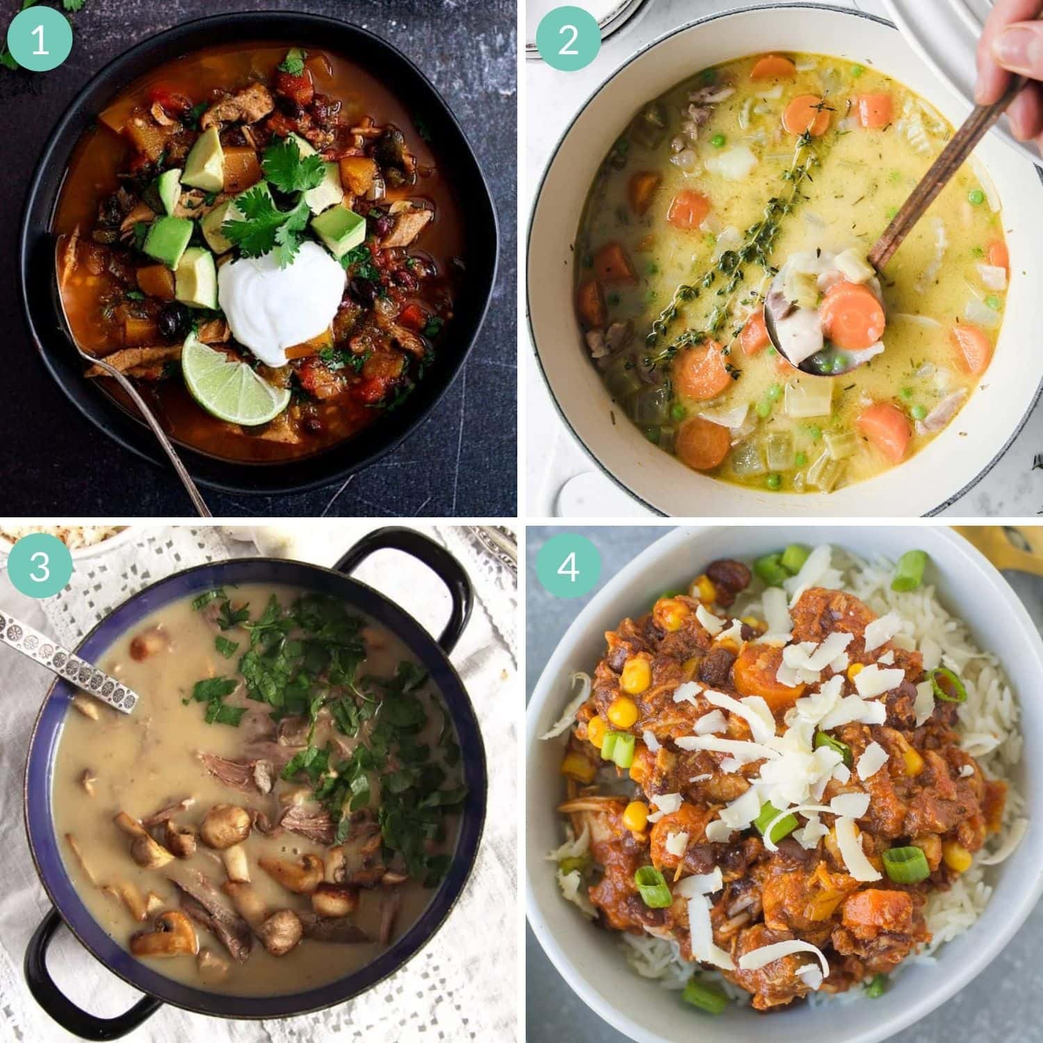 Numbered photo collage of four turkey stews and chili.