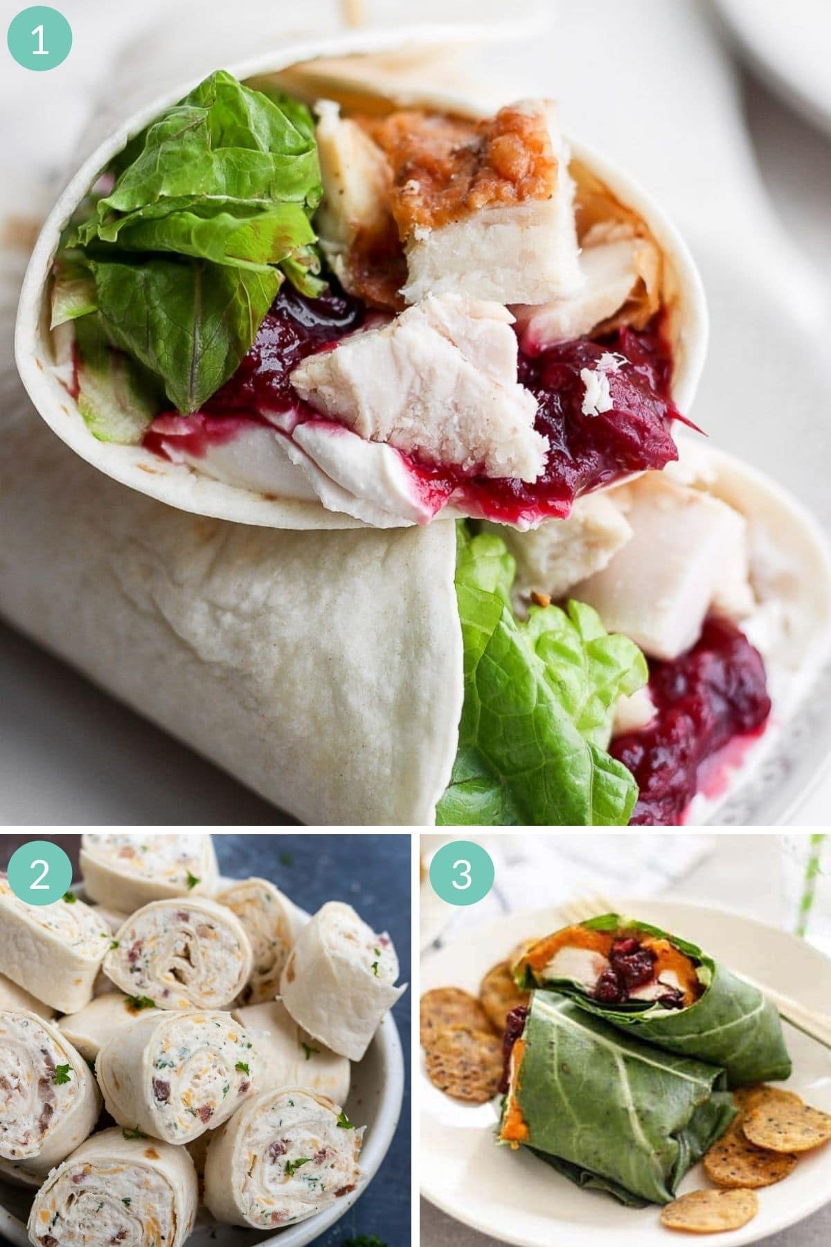 Numbered photo collage of three different turkey wraps.