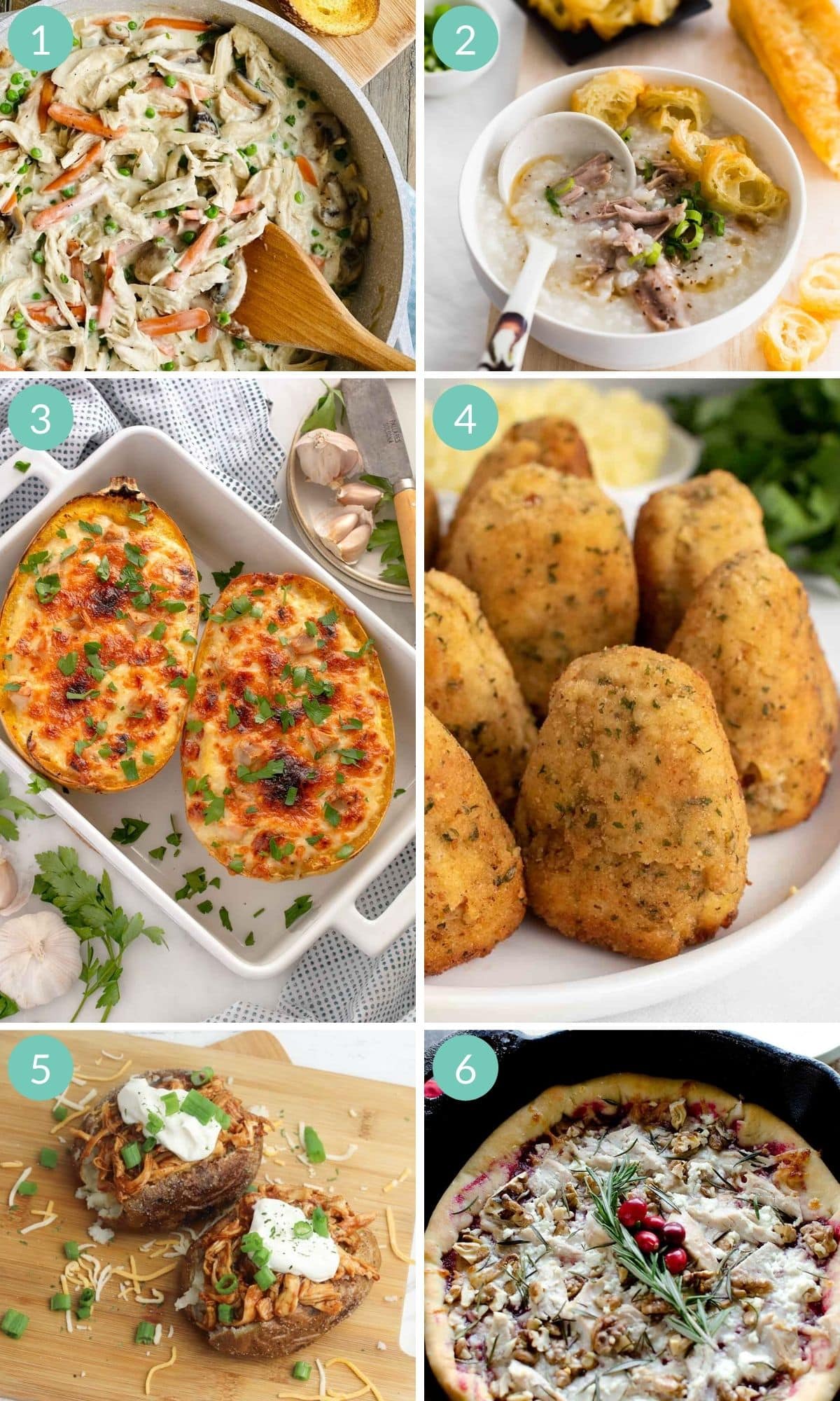 Photo collage of six unique ways to use leftover turkey.