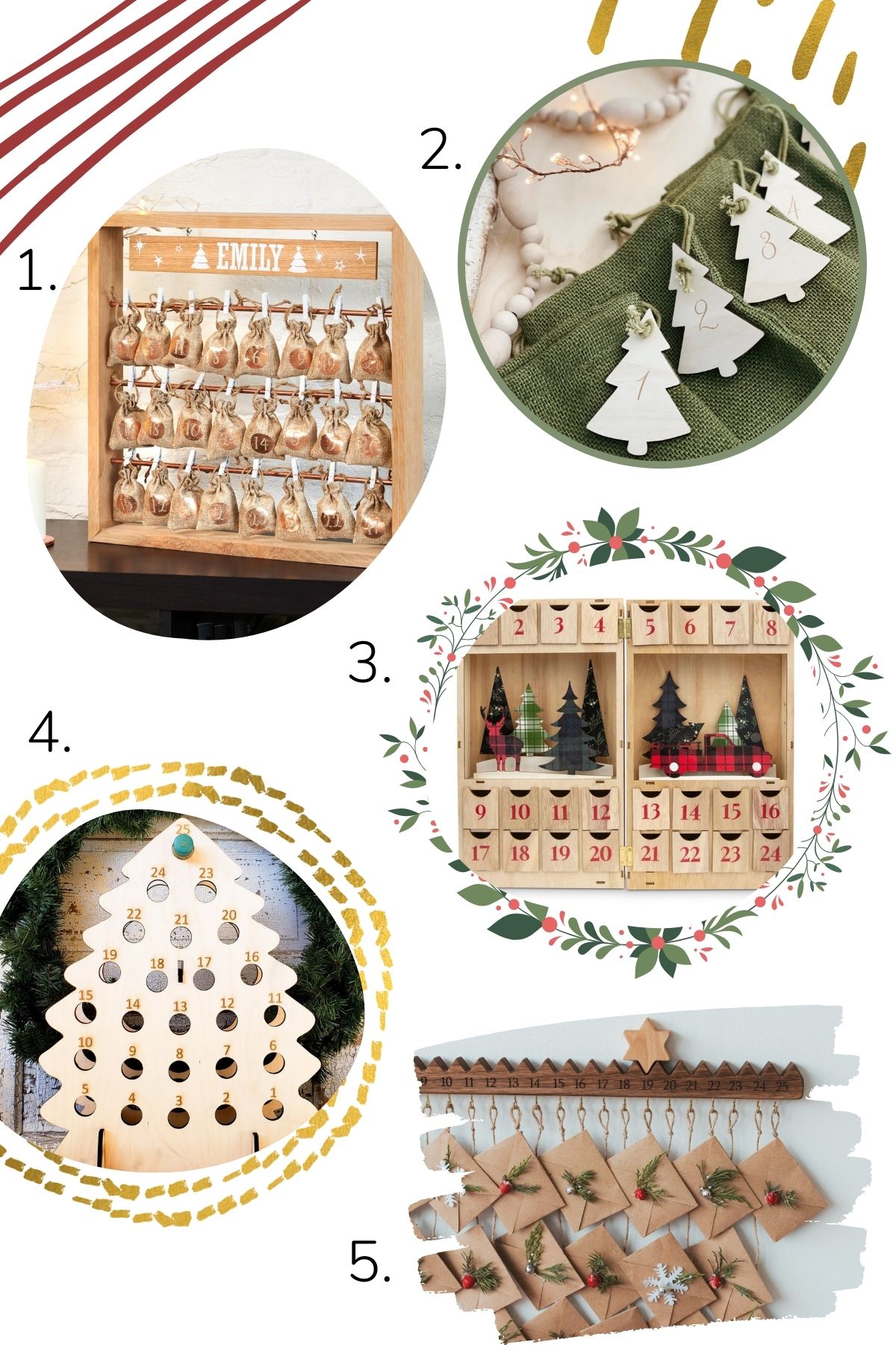 Photo collage graphic of 5 different wooden advent calendars.