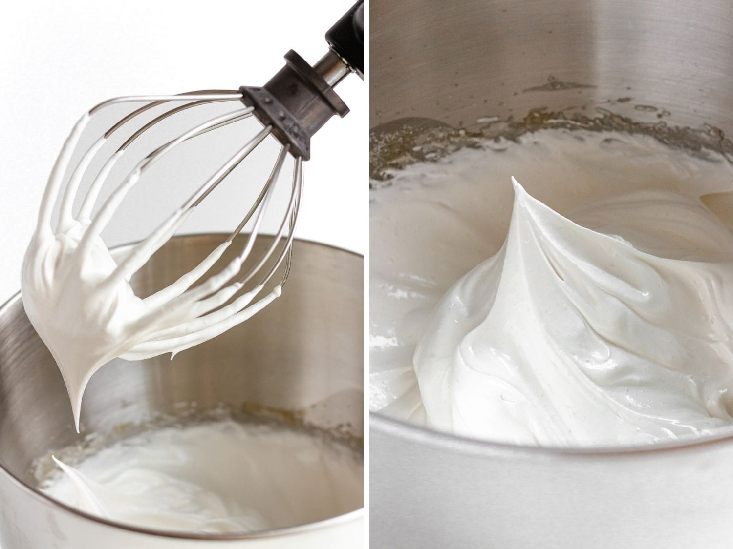 Photo collage showing egg whites and sugar beaten until stiff peaks form.