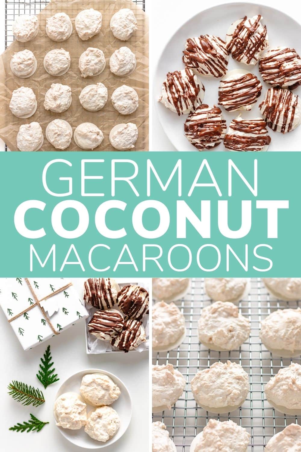 Photo collage graphic of coconut macaroons with text overlay "German Coconut Macaroons".
