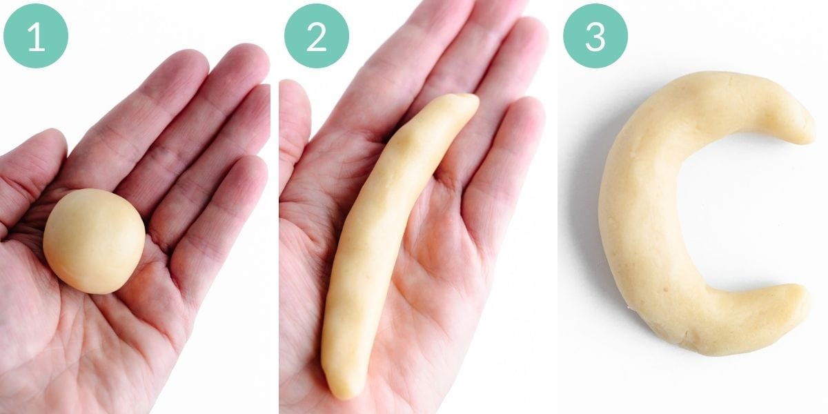 Photo collage showing how to shape Vanillekipferl (crescent cookies).