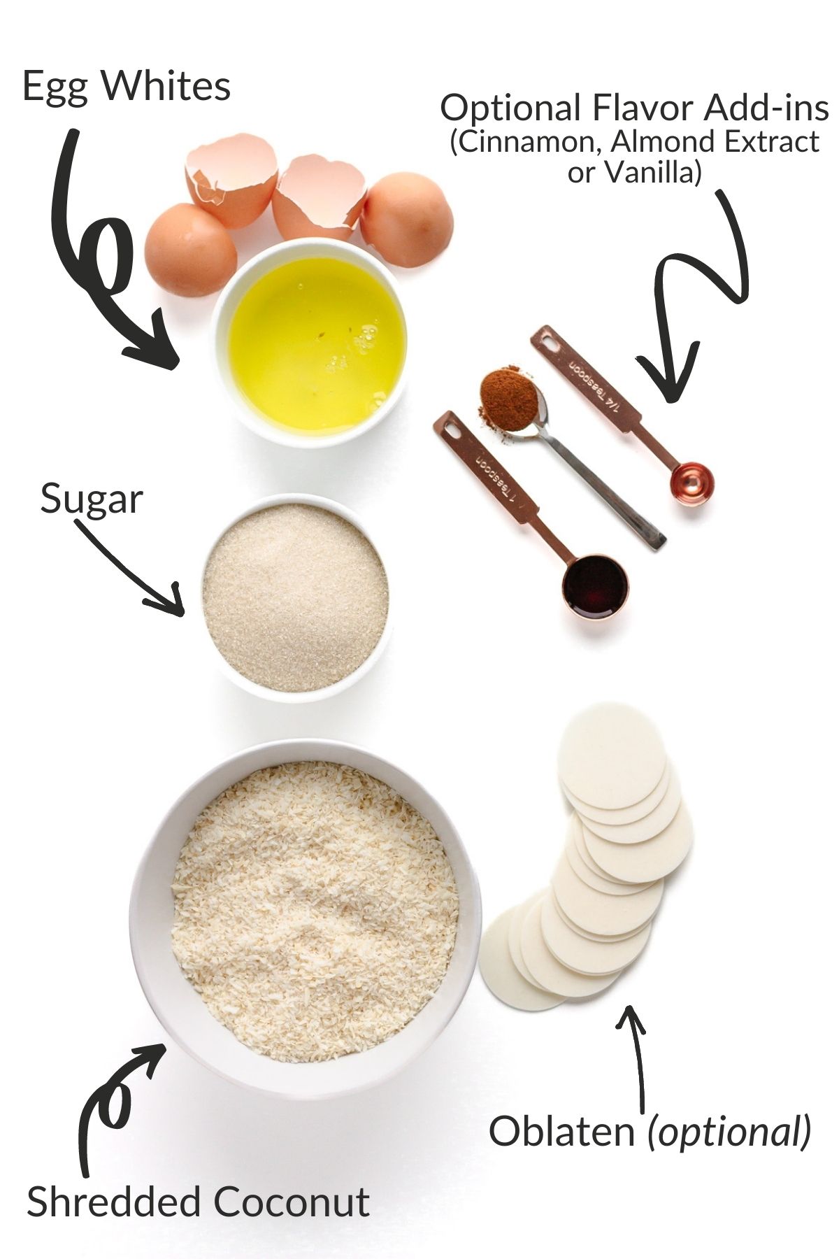 Labelled photo of ingredients needed to make Kokosmakronen (German Coconut Macaroons).