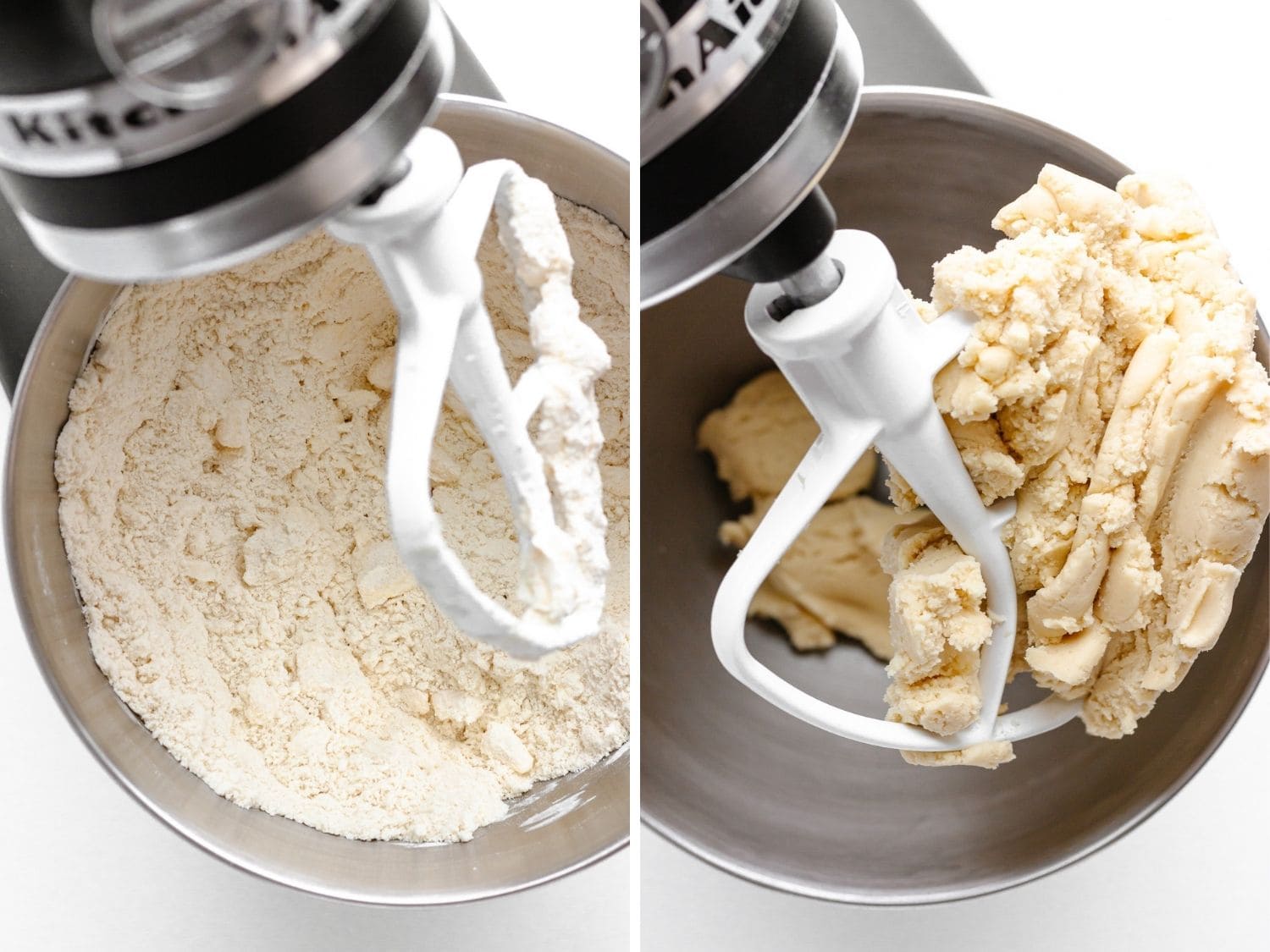 Photo collage showing vanillekipferl dough being mixed in a mixer.