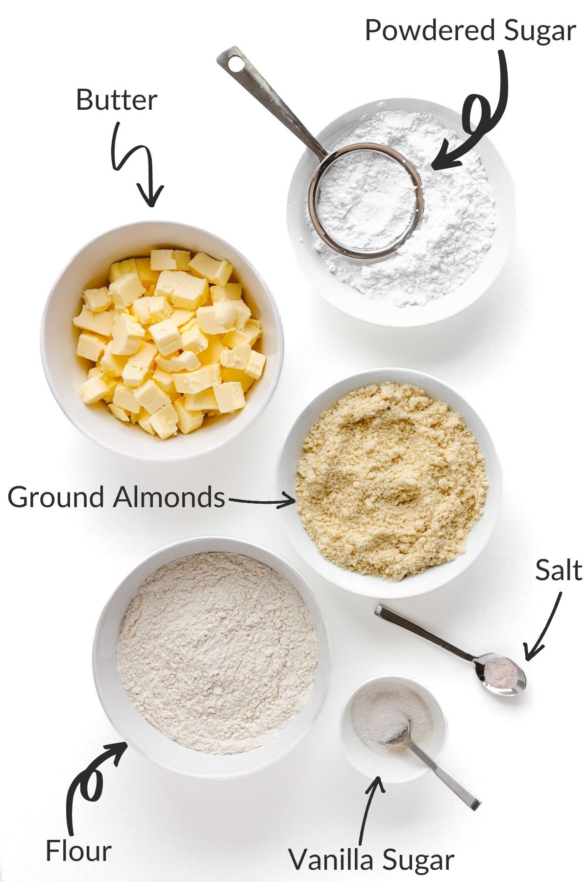 Labelled image of ingredients needed to make Vanillekipferl crescent cookies.