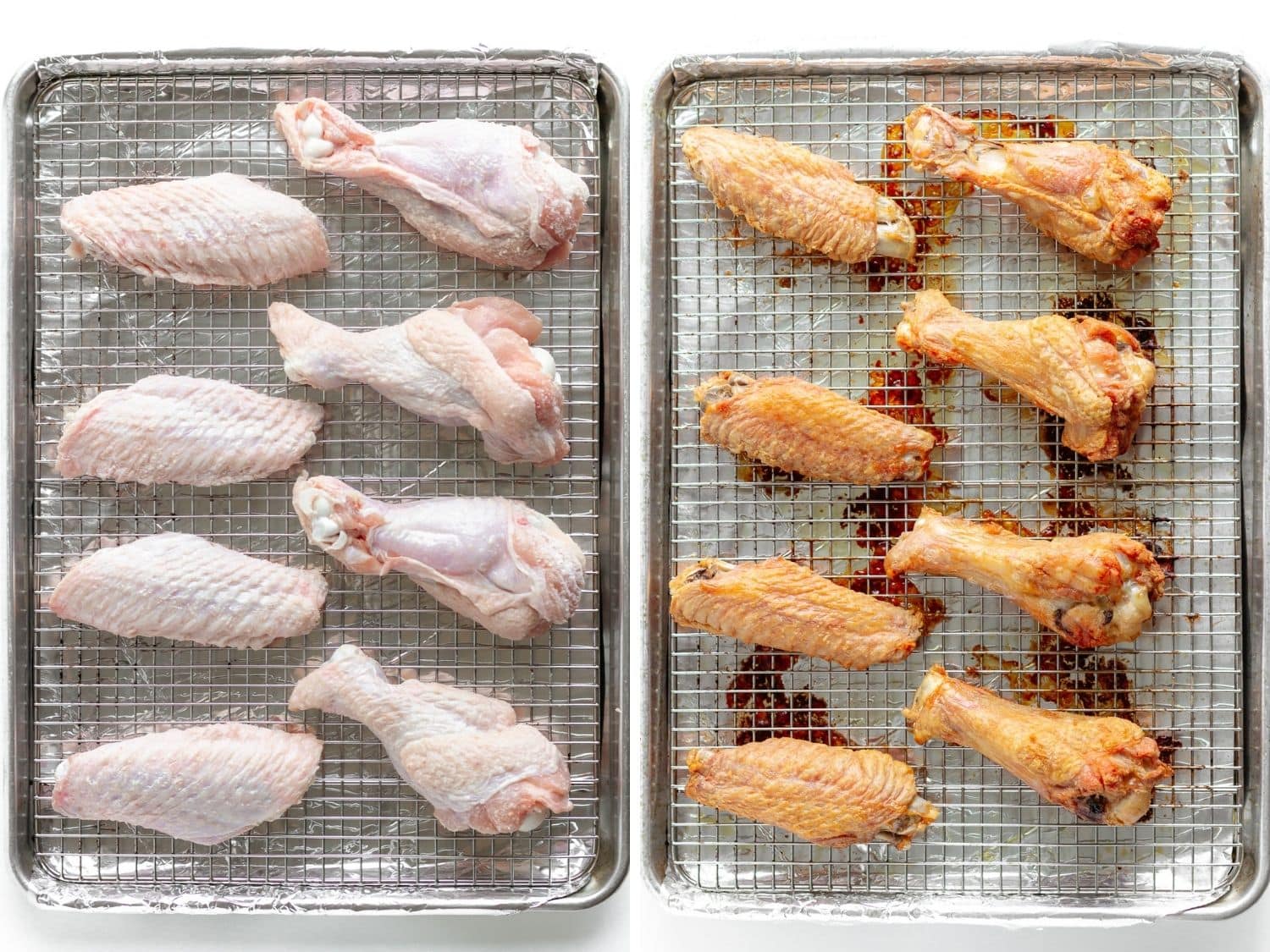 Turkey wings on a baking sheet before and after being baked in the oven.