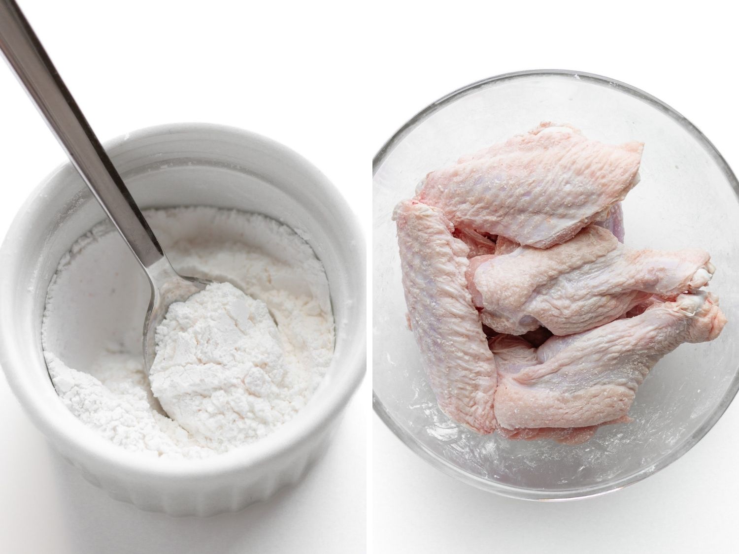 Photo collage showing baking powder and salt being mixed in a small bowl next to a large glass bowl of turkey wings tossed in the mixture.